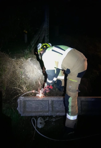 Un bombero del SPEIS cortando el poste