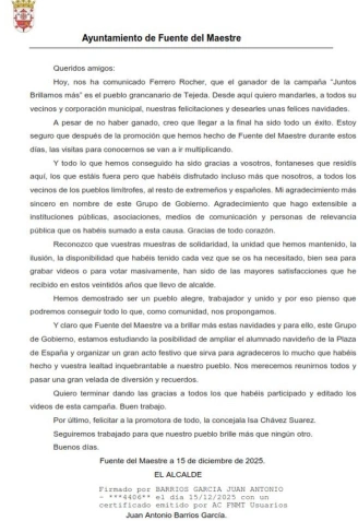 Carta del alcalde de Fuente del Maestre