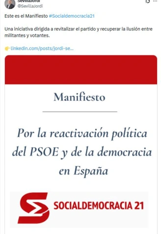 El exministro socialista Jordi Sevilla presenta este lunes en las redes sociales el manifiesto "Socialdemocracia21"