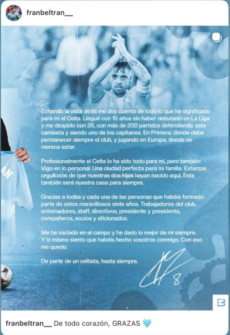 Mensaje de despedida de Fran Beltrán en sus redes sociales