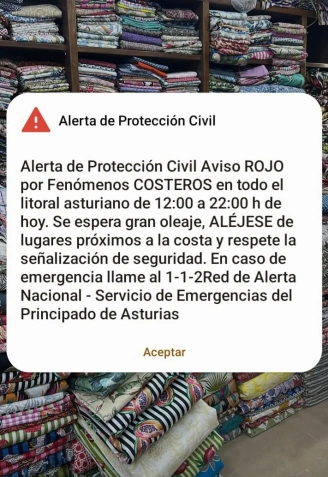 Mensaje Es Alert enviado a los teléfonos móviles de Asturias por la alerta roja por oleaje causada por la borrasca Ingrid