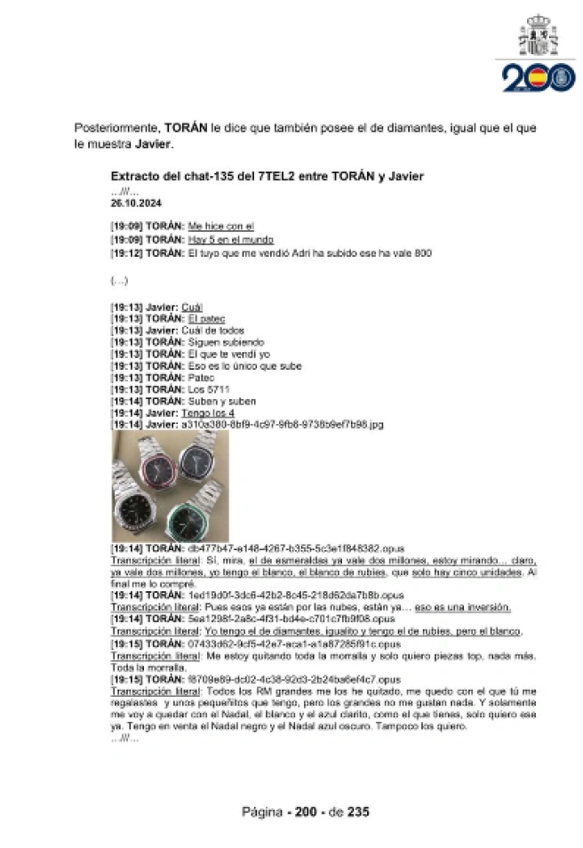 Anotaciones del teléfono del exinspector jefe Óscar Sánchez Gil sobre los Rolex