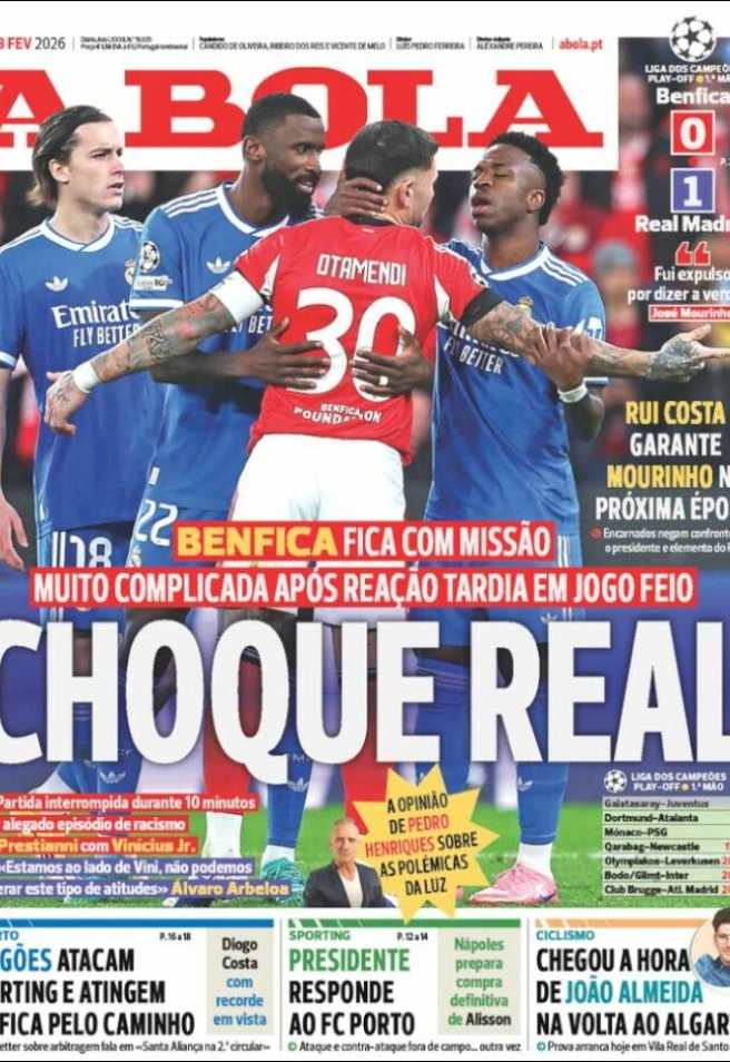 Portada del medio digital A Bola de este miércoles tras el Benfica-Real Madrid.