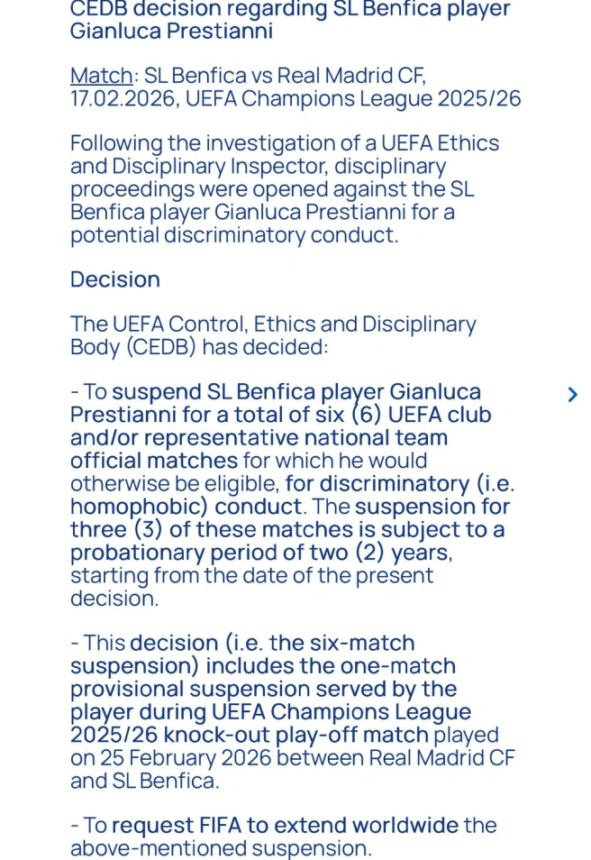 Comunicado de la UEFA anunciando la sanción a Prestianni