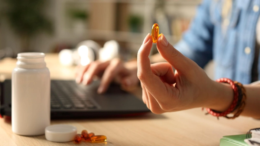 Primer plano de la mano de una estudiante que muestra un estudio que muestra una pastilla de vitaminas por la noche sentada en un escritorio en casa