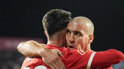 Bojan Miovski celebra el 2-0 contra el Espanyol.