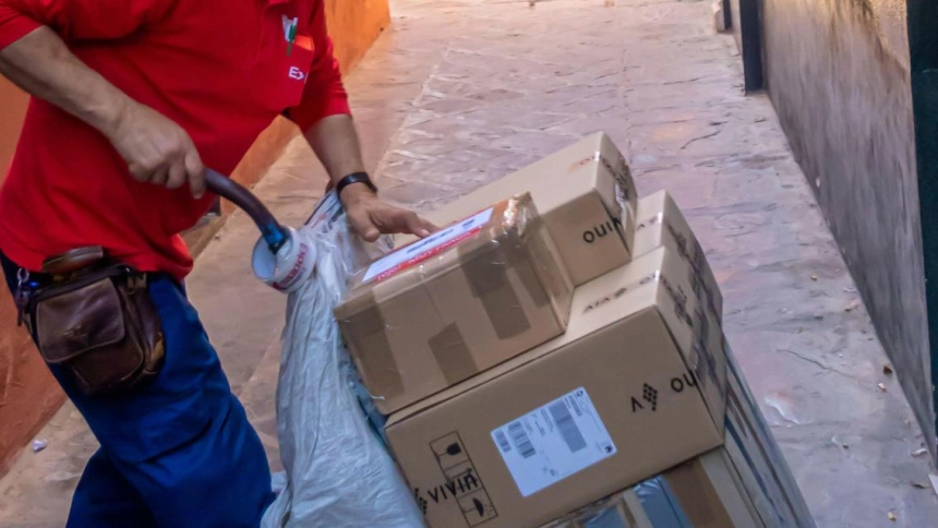 Repartidor con mascarilla logrando entregar cajas en una tarjeta rodante en la estrecha calle del centro de Sevilla, Andalucía, España