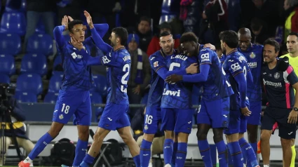 Álvaro Rodríguez celebra el gol del Getafe al Espanyol