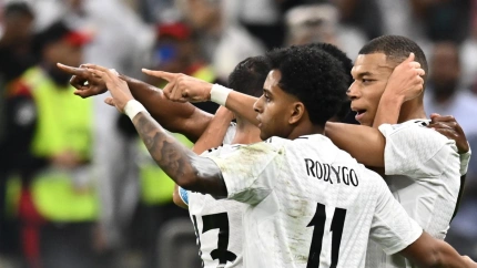 Kylian Mbappé celebra el 1-0 del Real Madrid contra el Pachuca.