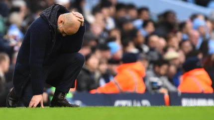 Pep Guardiola se lamenta tras el gol anotado por el Everton.