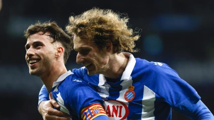Puado celebra el 1-0 del Espanyol contra el Valladolid.
