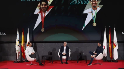 Rafael Nadal, Alejandro Blanco, y Juanma Castaño, durante el evento 'Encuentro con Rafa Nadal'