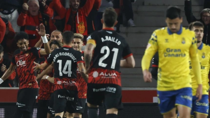 Los jugadores del Mallorca celebran el Muriqi 2-0 contra Las Palmas.