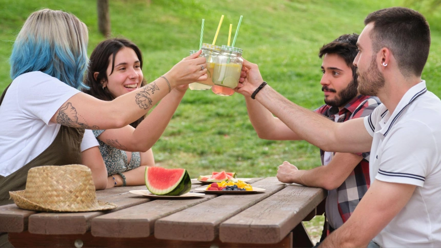 Un grupo de jóvenes comiendo fruta en un parque