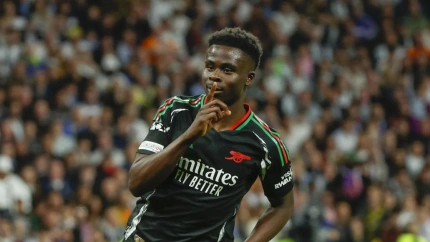 Saka celebra el 0-1 del Arsenal contra el Real Madrid