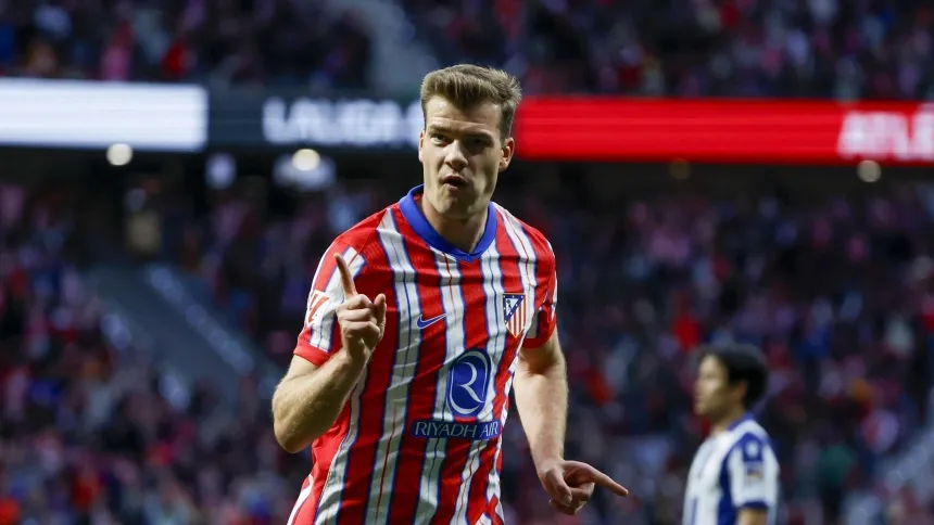 Sorloth celebra su gol, en el Atleti - Real Sociedad