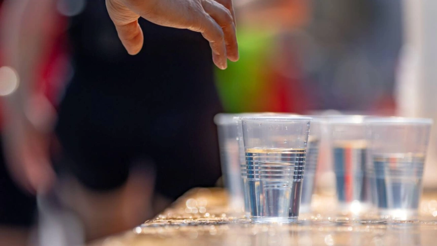 Una persona estira su brazo para coger un vaso de plástico lleno de agua