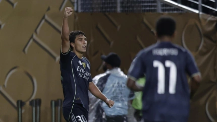 Gonzalo celebra el 0-3 del Real Madrid contra el Salzburgo