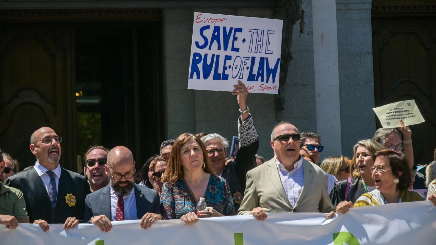 Jueces, fiscales y profesionales frente a la sede del Tribunal Supremo el 28 de junio.