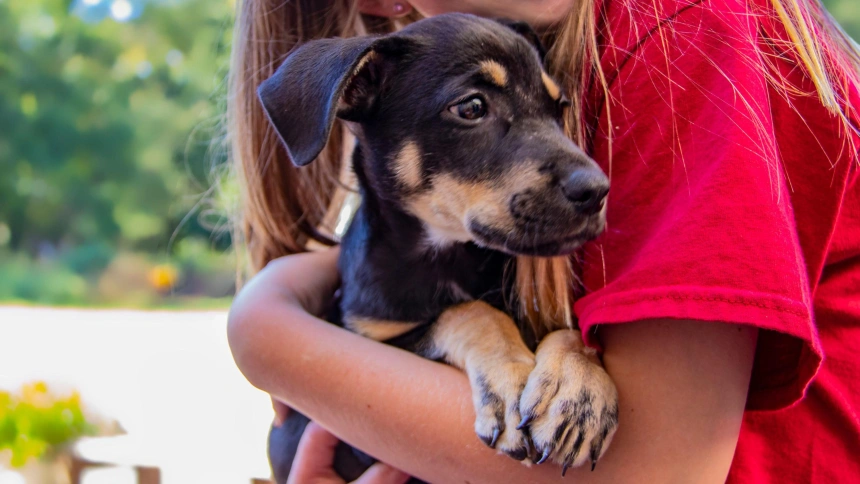 Una niña sonríe mientras sostiene a su perro en brazos