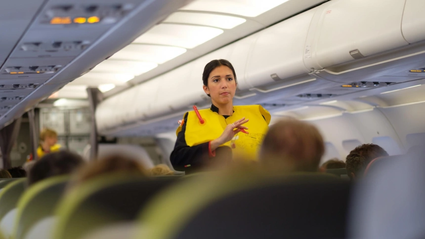 Una azafata de vuelo haciendo la demostración de seguridad con un chaleco salvavidas