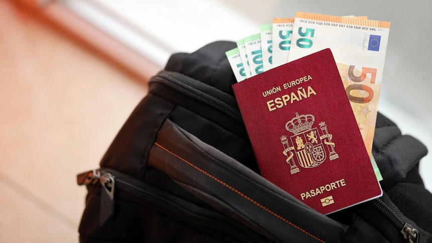 Un pasaporte español con billetes sobre una mochila
