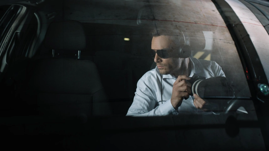 Detective privado vigilando dentro del coche