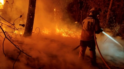Bombero del Consorcio provincial de A Coruña en la extinción del fuego al sur de Lugo