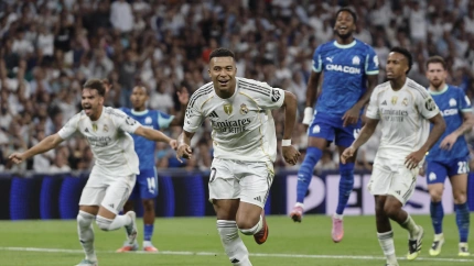 Mbappé celebra el gol del Real Madrid al Olympique