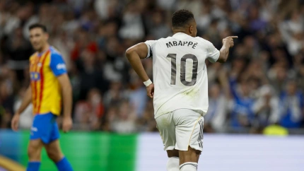 Mbappé celebra el 2-0 del Real Madrid contra el Valencia