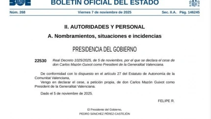 El BOE publica el cese de Carlos Mazón como presidente de la Generalitat Valenciana