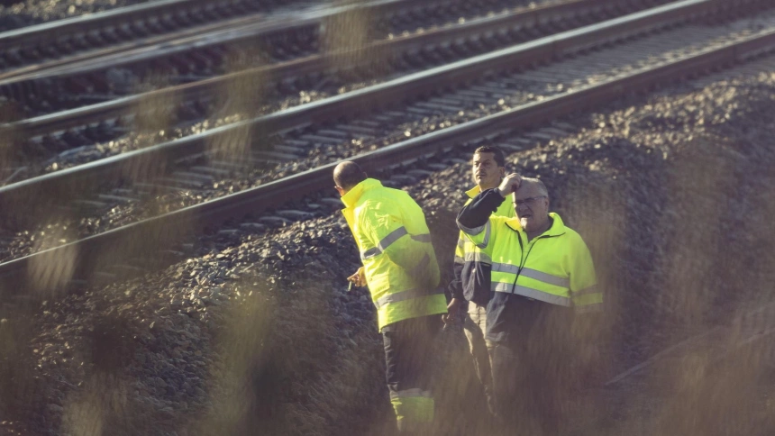 Varios operarios examinan las vías en la zona del accidente ferroviario ocurrido el pasado domingo en Adamuz (Córdoba)