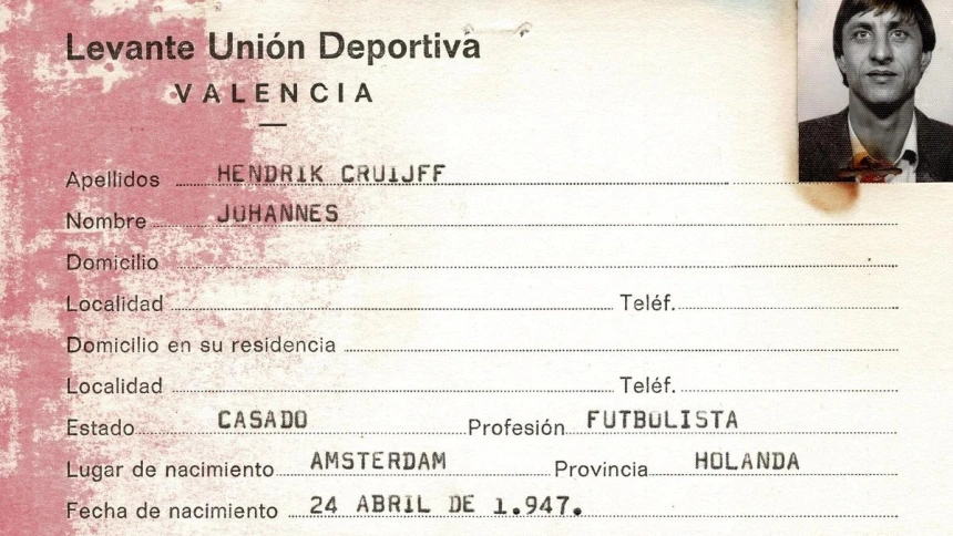 Así era la ficha federativa de Cruyff cuando firmó por el Levante UD en 1981