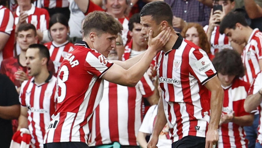 El Atlhletic celebra el gol de Guruzeta contra Osasuna