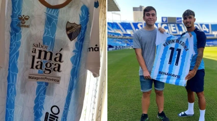 Kevin Medina entrega su camiseta al joven seguidor del Málaga.