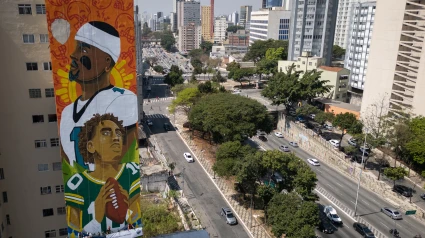 Mural para promocionar el partido de la NFL entre Eagles y Packers en Sao Paulo.