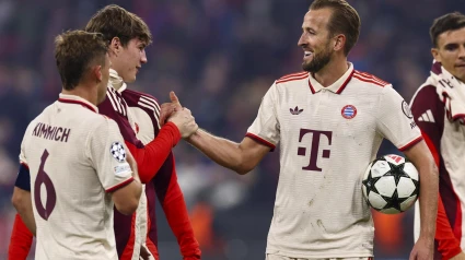 Munich (Germany), 16/09/2024.- Max Schmitt of Bayern (L) and Harry Kane of Bayern (R) celebrate after winning the UEFA Champions League match between Bayern Munich and Dinamo Zagreb in Munich, Germany, 17 September 2024. (Liga de Campeones, Alemania) EFE/EPA/ANNA SZILAGYI