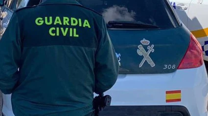 Un agente de la Guardia Civil de espaldas y junto a un vehículo oficial del cuerpo.