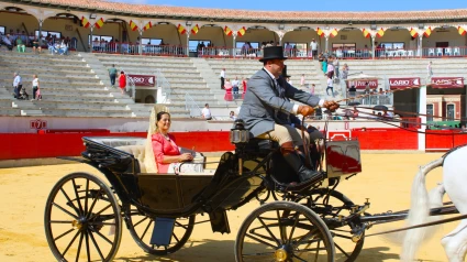 La escultora Lola Fernández Arcas, madrina de honor, a su llegada en calesa a la plaza de toros