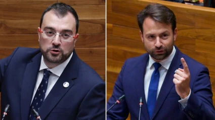 El presidente del Principado, Adrián Barbón, y el presidente del PP, de Asturias, Álvaro Queipo, en el parlamento asturiano