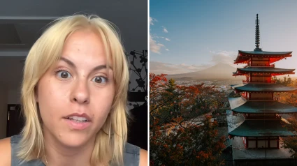 La joven protagonista de la historia y una panorámica del Monte Fuji