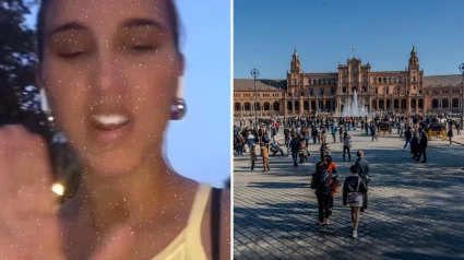 La protagonista de la historia y una instantánea de la Plaza de España desde el Parque de Maria Luisa