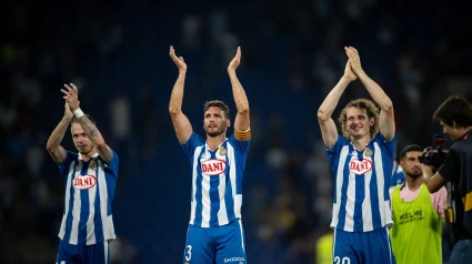 August 31, 2024, Barcelona, Spain: Irvin Cardona (RCD Espanyol), Sergi Gomez (RCD Espanyol) and Alex Kral (RCD Espanyol) celebrate during the La Liga EA Sports match between RCD Espanyol and Rayo Vallecano at Stage Front Stadium. Final scores; RCD Espanyol 2:1 Rayo Vallecano. (Credit Image: © Felipe Mondino/SOPA Images via ZUMA Press Wire)