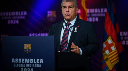 Joan Laporta, durante el discurso inaugural de la Asamblea del Barcelona.