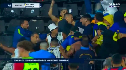 Juan Román Riquelme, en la grada, mediando para detener los disturbios entre ultras y agentes de Policía