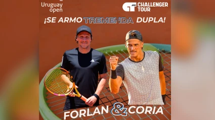 Cartel del Torneo ATP de tenis de Montevideo que anuncia a la pareja de dobles Coria-Forlán