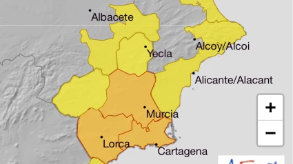 Mapa de la alerta naranja en Lorca, Murcia y Cartagena este domingo