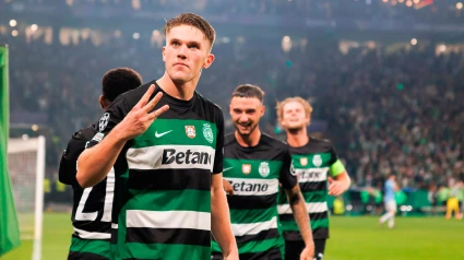 Gyökeres celebra uno de los tres goles marcados al Manchester City en la Champions League