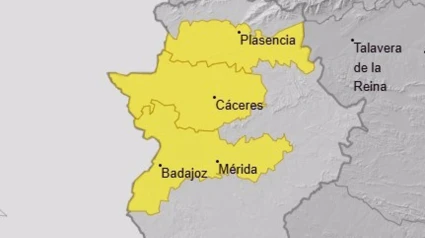 Mapa de la alerta amarilla en Extremadura