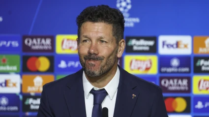 Simeone, durante la rueda de prensa que han ofrecido este martes en el estadio Metropolitano,